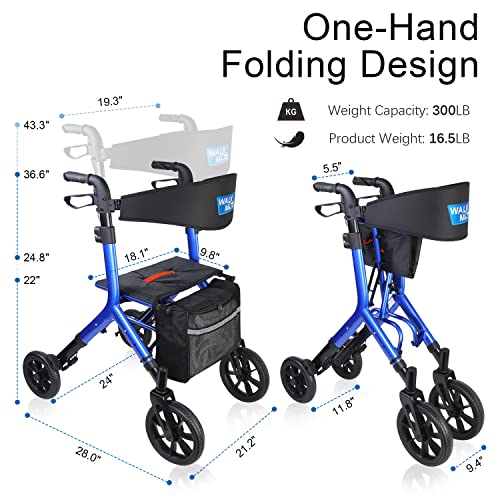 WALK MATE Rollator Walker for Seniors Taller 5.3~7ft with Height-Adjustable Seat, 10 Inch Wheels Wire-Hidden Walkers Compact Folding Design Lightweight Mobility Walking Aid Widen Backrest, Blue