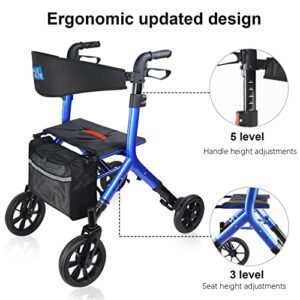 WALK MATE Rollator Walker for Seniors Taller 5.3~7ft with Height-Adjustable Seat, 10 Inch Wheels Wire-Hidden Walkers Compact Folding Design Lightweight Mobility Walking Aid Widen Backrest, Blue