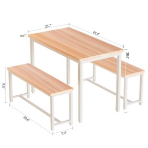 Recaceik Dining Table Set for 4 Kitchen Table Set with 2 Dining Benches, 3 Piece Farmhouse Dining Room Table Set Industrial Breakfast Nook Table Set for Small Space, Apartment, Walnut