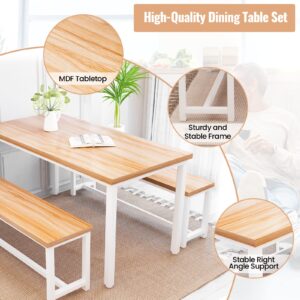 Recaceik Dining Table Set for 4 Kitchen Table Set with 2 Dining Benches, 3 Piece Farmhouse Dining Room Table Set Industrial Breakfast Nook Table Set for Small Space, Apartment, Walnut