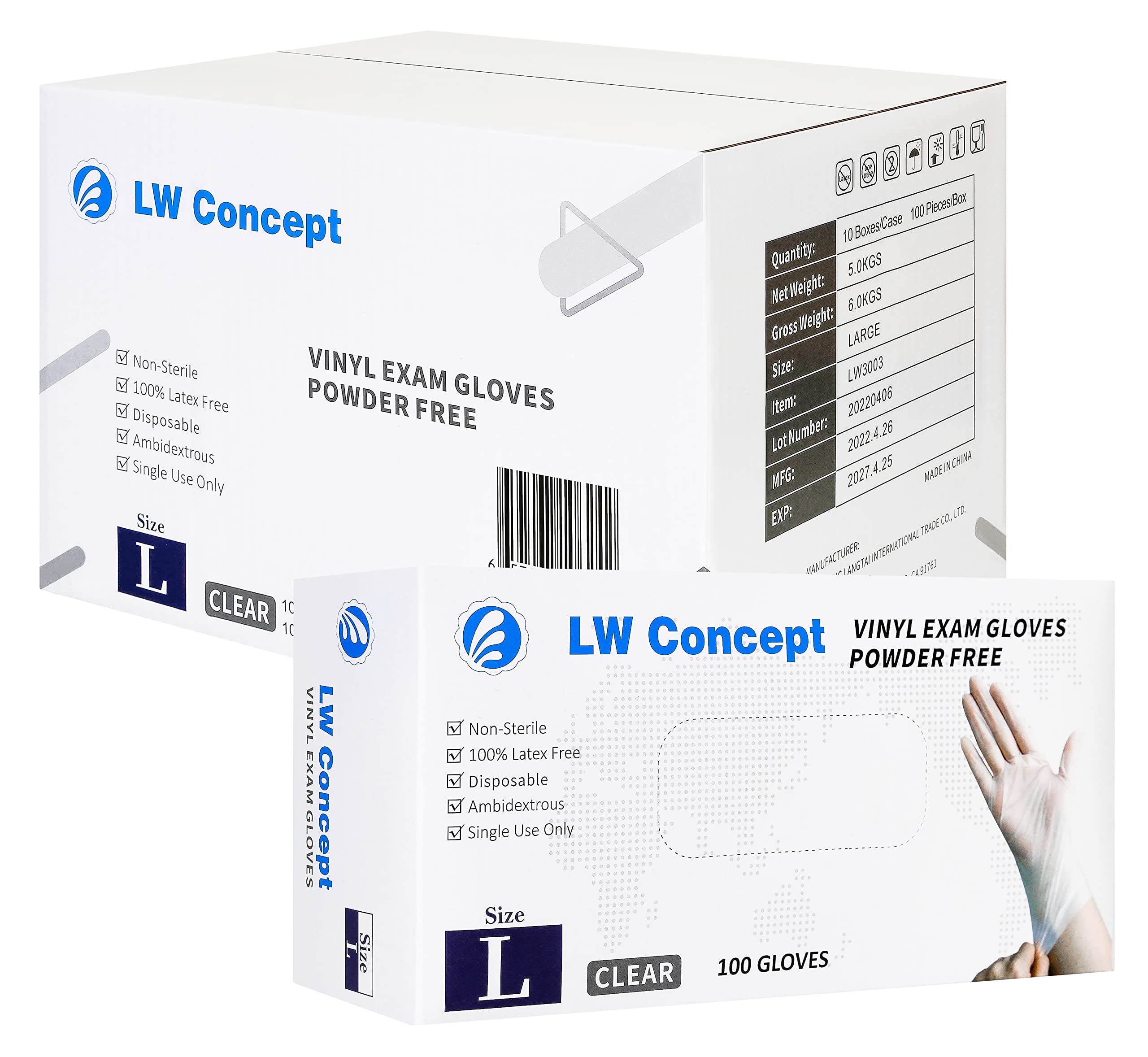 LW Concept Clear Vinyl Exam Gloves for Medical/Food Safe/Cleaning/Handling Use Multipurpose Latex & Powder Free, 3.5 mil (LW3003, Large, Case of 1000)