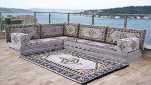 gray l shaped arabic sofa set, floor couch, sectional sofas, arabic majlis, turkish rug, couch covers for 3, sofa bed, poufs (l sofa + rug)