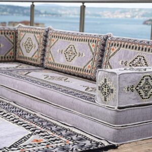 Gray L Shaped Arabic Sofa Set, Floor Couch, Sectional Sofas, Arabic Majlis, Turkish Rug, Couch Covers for 3, Sofa Bed, Poufs (L Sofa + Rug)