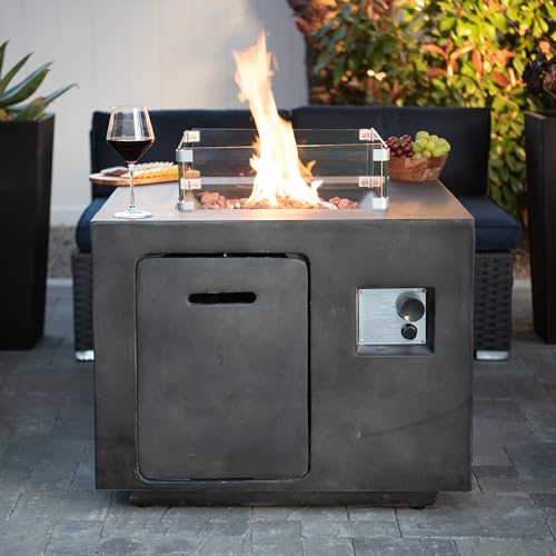 XBrand MgO & Metal 40,000 BTU Outdoor Propane Gas Smokeless Square Fire Pit Table with Volcanic Rocks & Rain Cover, 30 inch Wide, Gray