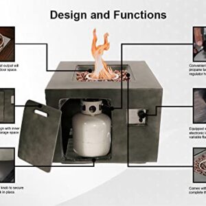 XBrand MgO & Metal 40,000 BTU Outdoor Propane Gas Smokeless Square Fire Pit Table with Volcanic Rocks & Rain Cover, 30 inch Wide, Gray