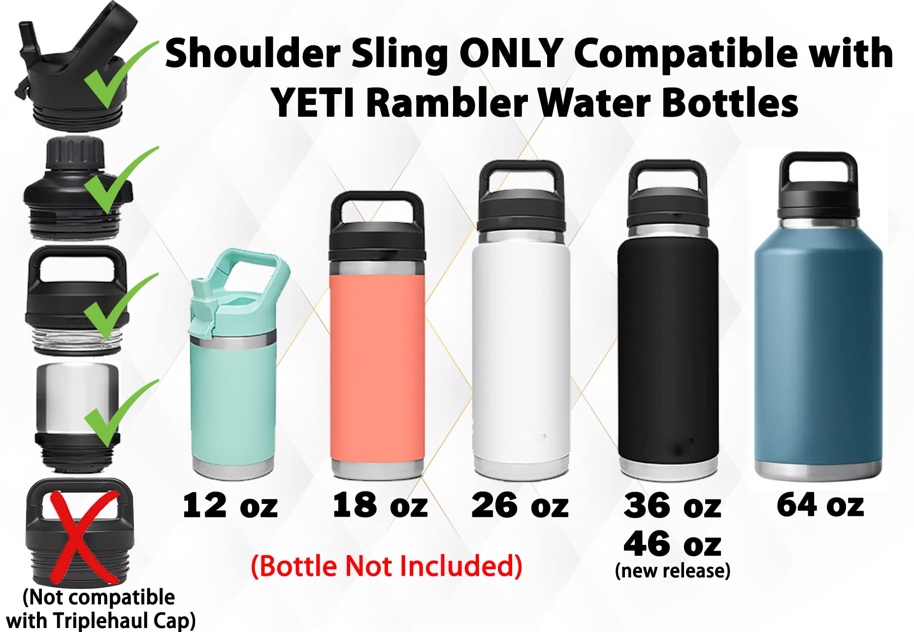 One MissionX Bottle Sling for YETI Rambler, Shoulder Strap Carrier for 64oz 46oz 36oz 26oz 18/12oz Water Bottles, Durable Accessories for Walking & Hiking (Summit, Rambler 12 18 26 36 46 64 oz)