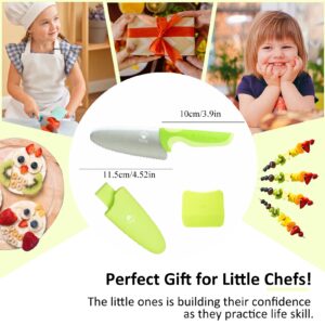 Kids Knife Set for Real Cooking, Friendly Safety Knife for Kids, Stainless Steel Child Chef Knife with Finger Protector, Round Tip Kids Knife for Cutting, Serrated Edges (green)