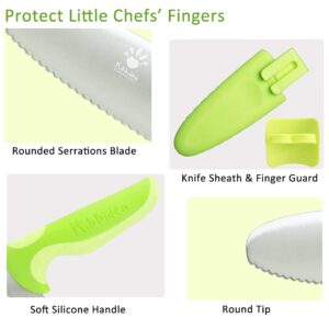 Kids Knife Set for Real Cooking, Friendly Safety Knife for Kids, Stainless Steel Child Chef Knife with Finger Protector, Round Tip Kids Knife for Cutting, Serrated Edges (green)