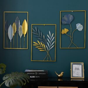 FUNTEREST Gold Leaf Wall Decor Modern Wall Art Home Decor, Set of 3 Metal Wall Hanging Decoration for Living Room Office Bedroom Hotel