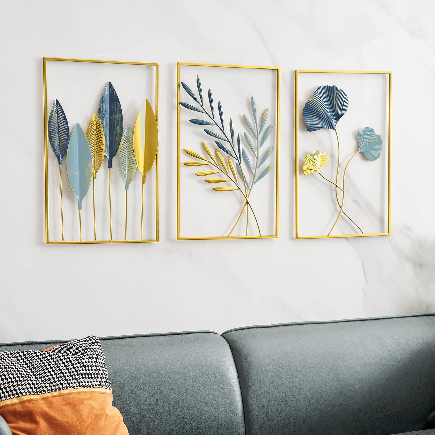 FUNTEREST Gold Leaf Wall Decor Modern Wall Art Home Decor, Set of 3 Metal Wall Hanging Decoration for Living Room Office Bedroom Hotel