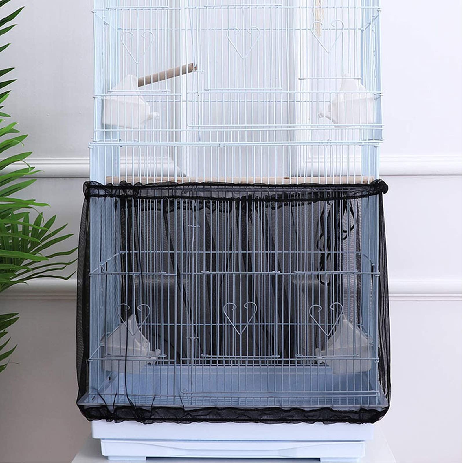 Bird Cage Seed Catcher, Large Airy Gauze Seeds Bird Cage Cover Guard Adjustable Bird Cage Cover Birdcage Seed Feather Catcher Universal Birdcage Parrot Bird Nylon Mesh Net Cover(L-118x16 in, Black)