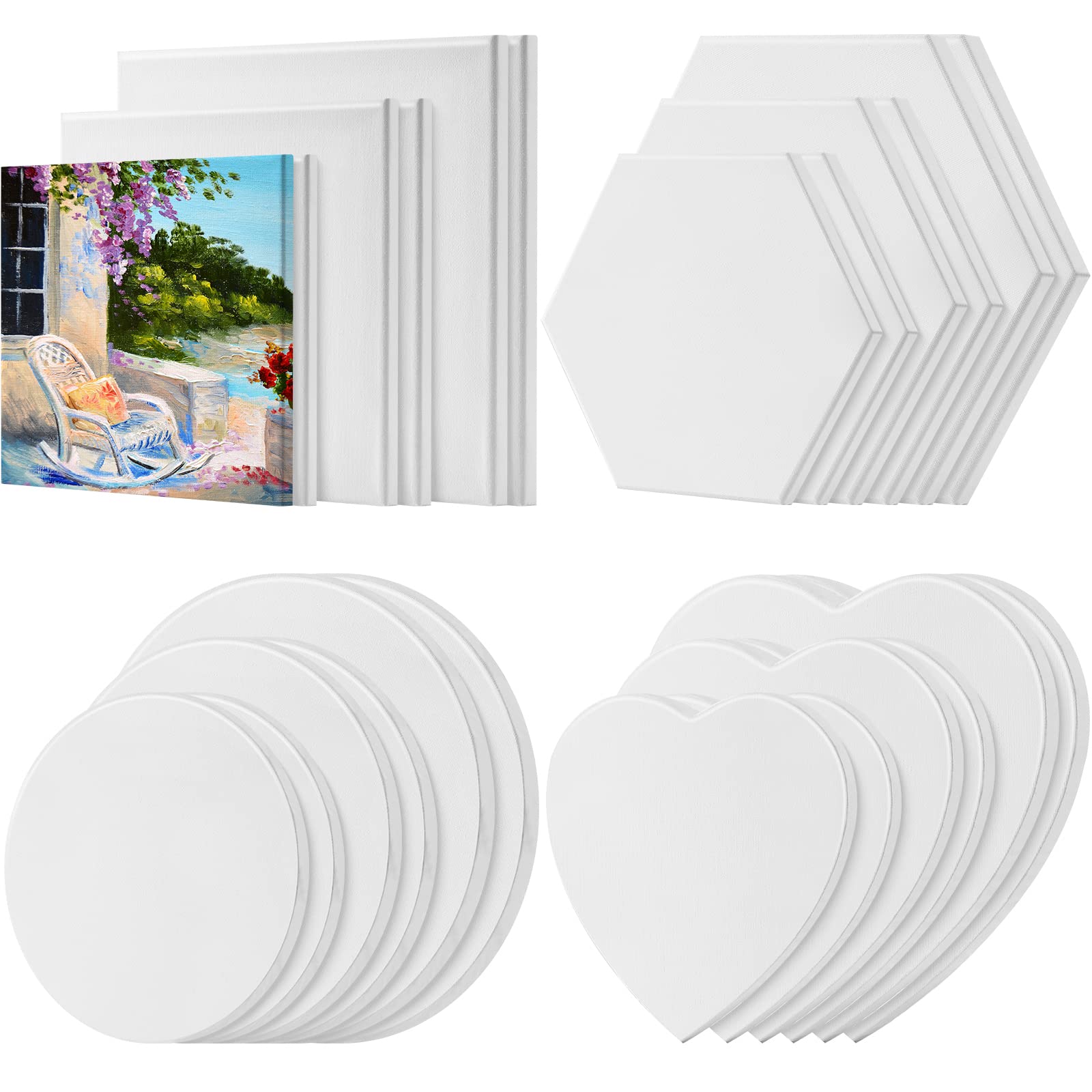 24 Pieces Canvas for Painting Bulk Blank Canvas, Square Round Hexagon Heart Canvas Board Art Painting Supplies for Kids College Students Back to School Artist Hobby Painters Beginners Gift