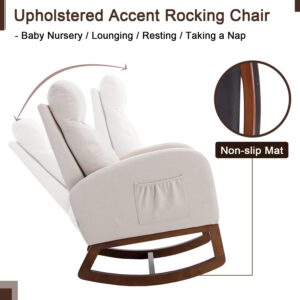 Antetek Modern Accent Rocking Chair, Upholstered Nursery Glider Rocker for Baby, Comfy Armchair with Side Pocket, Living Room Lounge Arm Chair, High Backrest with Headrest Shape Design (Light Beige)