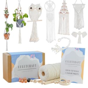 culetcraft macrame kit for beginners 153pc, 15 projects book, 164yd cotton macrame cord, wooden beads & sticks, wooden & metal rings, gift box, book & accessories, perfect macrame starter kit