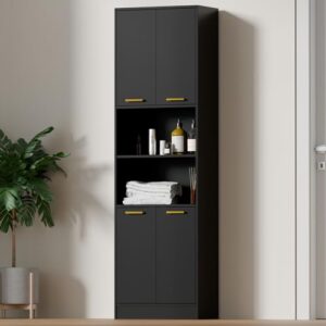 cozy castle kitchen pantry storage cabinet 75" tall 4 doors wood freestanding cupboard with open countertop and adjustable shelves utility cabinets for dining room living room laundry bathroom, black