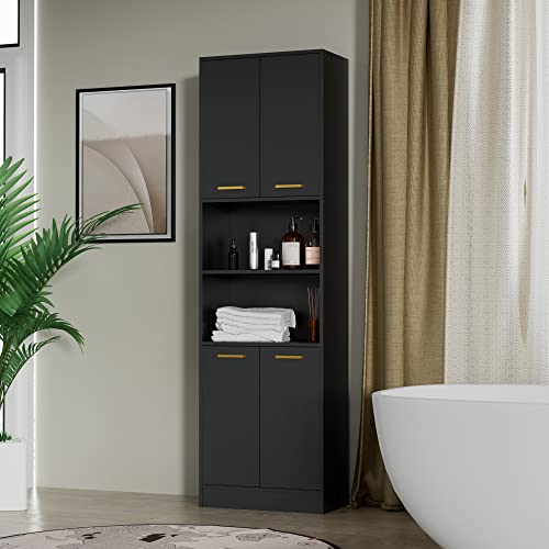 Cozy Castle Kitchen Pantry Storage Cabinet 75" Tall 4 Doors Wood Freestanding Cupboard with Open Countertop and Adjustable Shelves Utility Cabinets for Dining Room Living Room Laundry Bathroom, Black