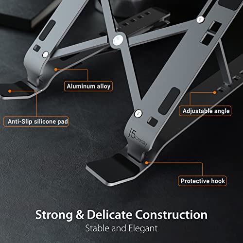 j5create Foldable Aluminum Laptop Stand with USB 4-Port Hub, Portable Notebook Riser with 4 USB3.2 Ports for MacBook, Laptop, phone and Tablets up to 16 inch (JTS223)