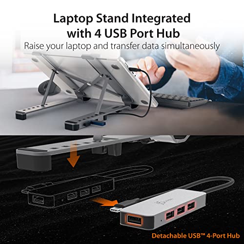 j5create Foldable Aluminum Laptop Stand with USB 4-Port Hub, Portable Notebook Riser with 4 USB3.2 Ports for MacBook, Laptop, phone and Tablets up to 16 inch (JTS223)