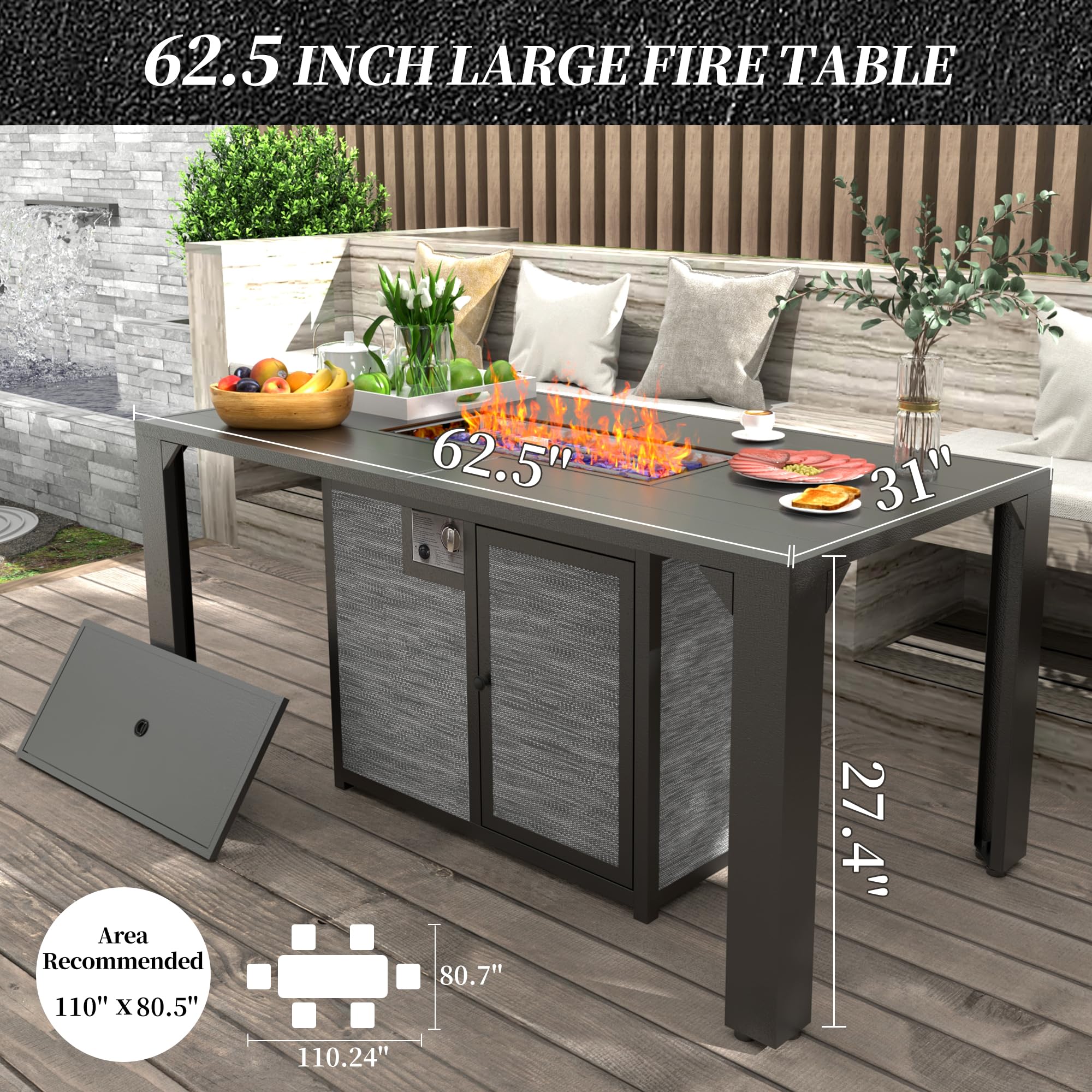 Pizzello Outdoor Fire Pit Dining Table 62.5" Aluminum Rectangular Propane Dining Patio Table with Firepit Dining Height Gas Fire Pit Table, Pizzello Comodo, Black