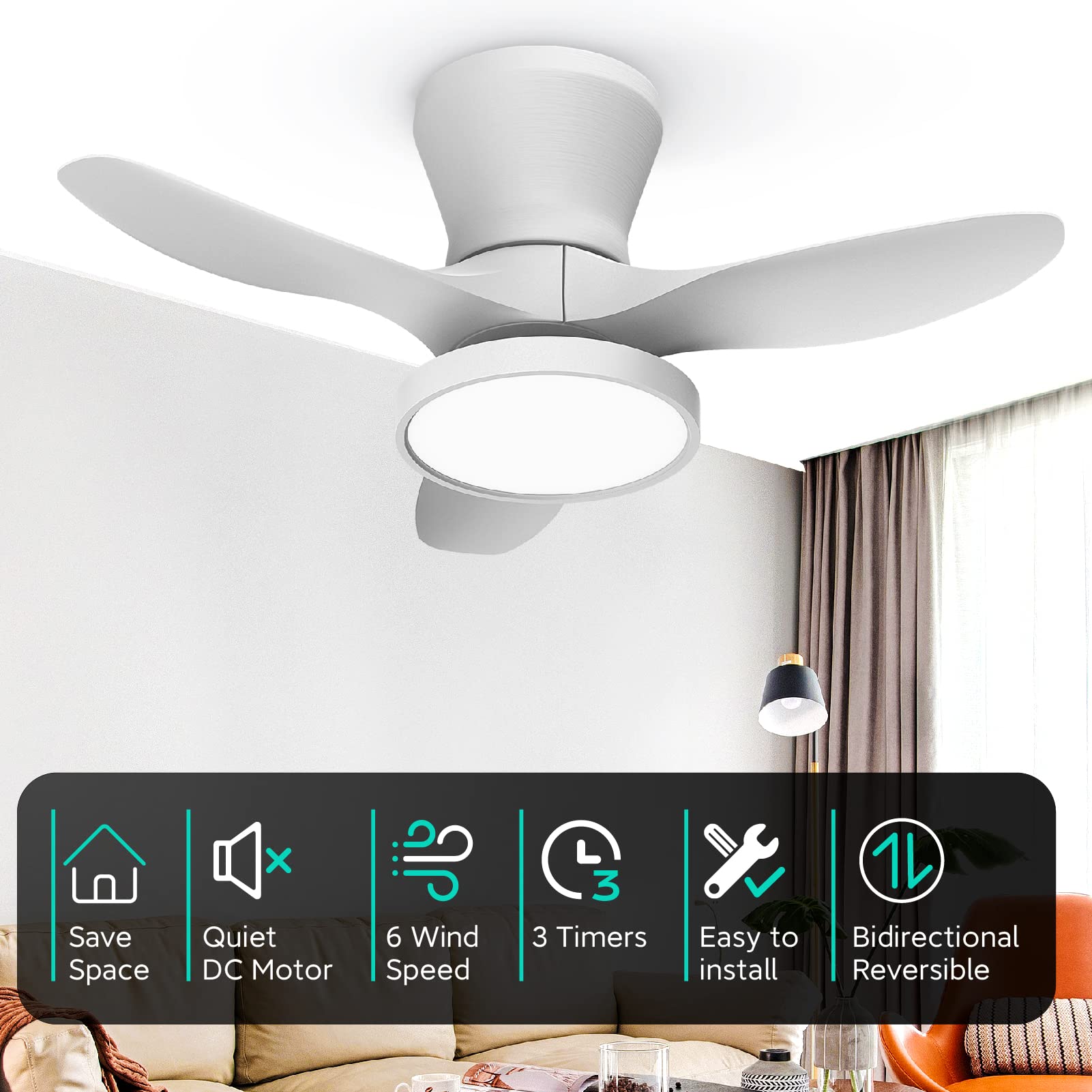 ocioc Quiet Ceiling Fan with LED Light DC motor 32 inch Large Air Volume Remote Control White for Kitchen Bedroom Dining room Patio