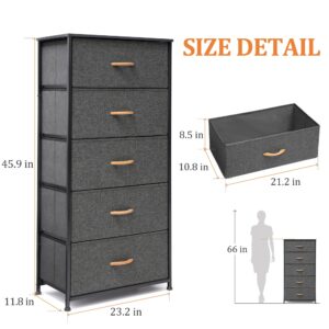 VredHom Fabric Dresser for Bedroom, Tall Skinny dresser with 5 Wide Drawers, Storage Organizer Tower, Steel Frame Wooden Top for Closet, Living Room, Hallway, Nursery(Grey)