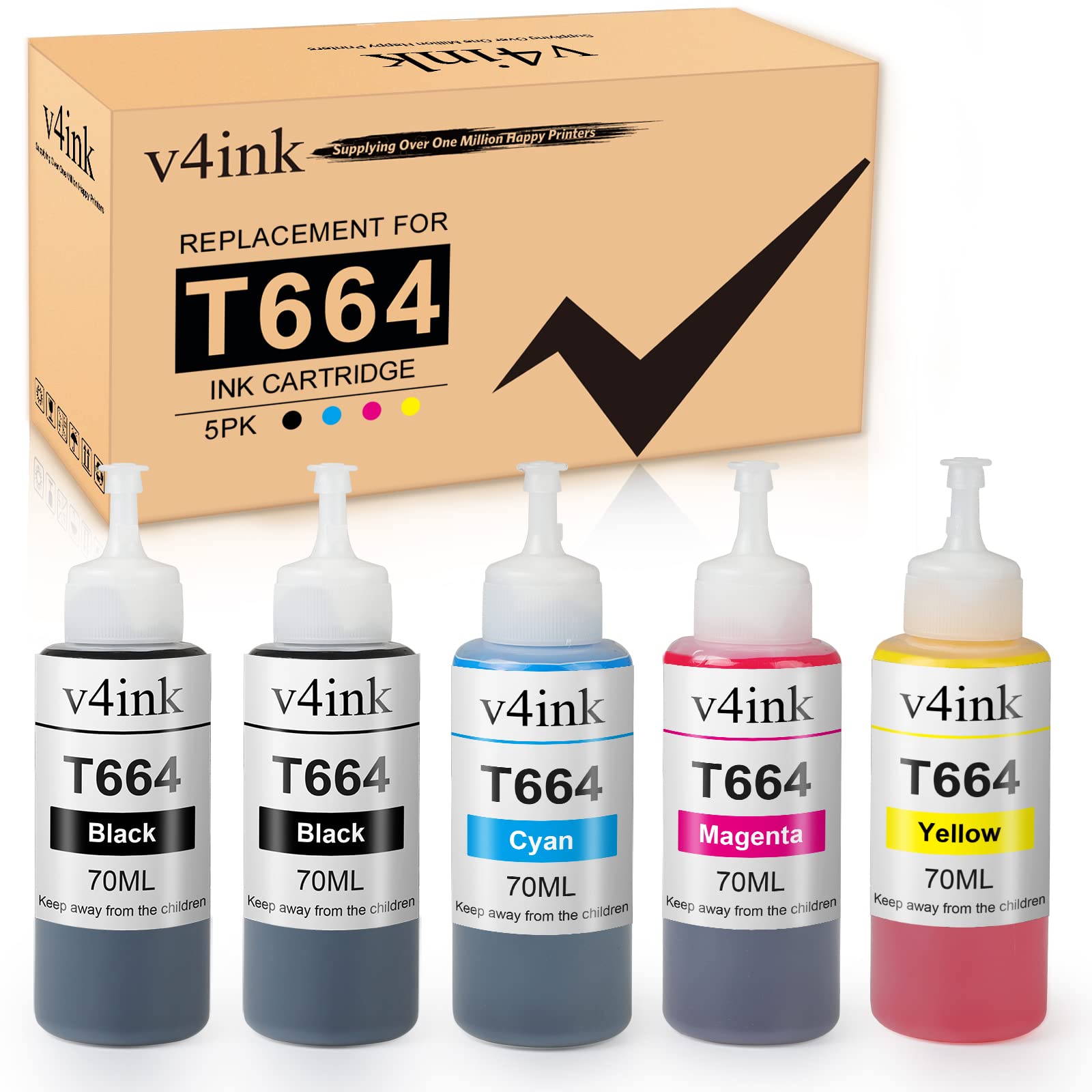 v4ink Compatible 664 XL Refill Ink Bottle Replacement for 664 XL T664 for Use with Epson EcoTank ET-2500 ET-2650 ET-4500 L210 L310 L120 L485 L350 Printer T664120 T664220 T664320 T664420-5 Bottles