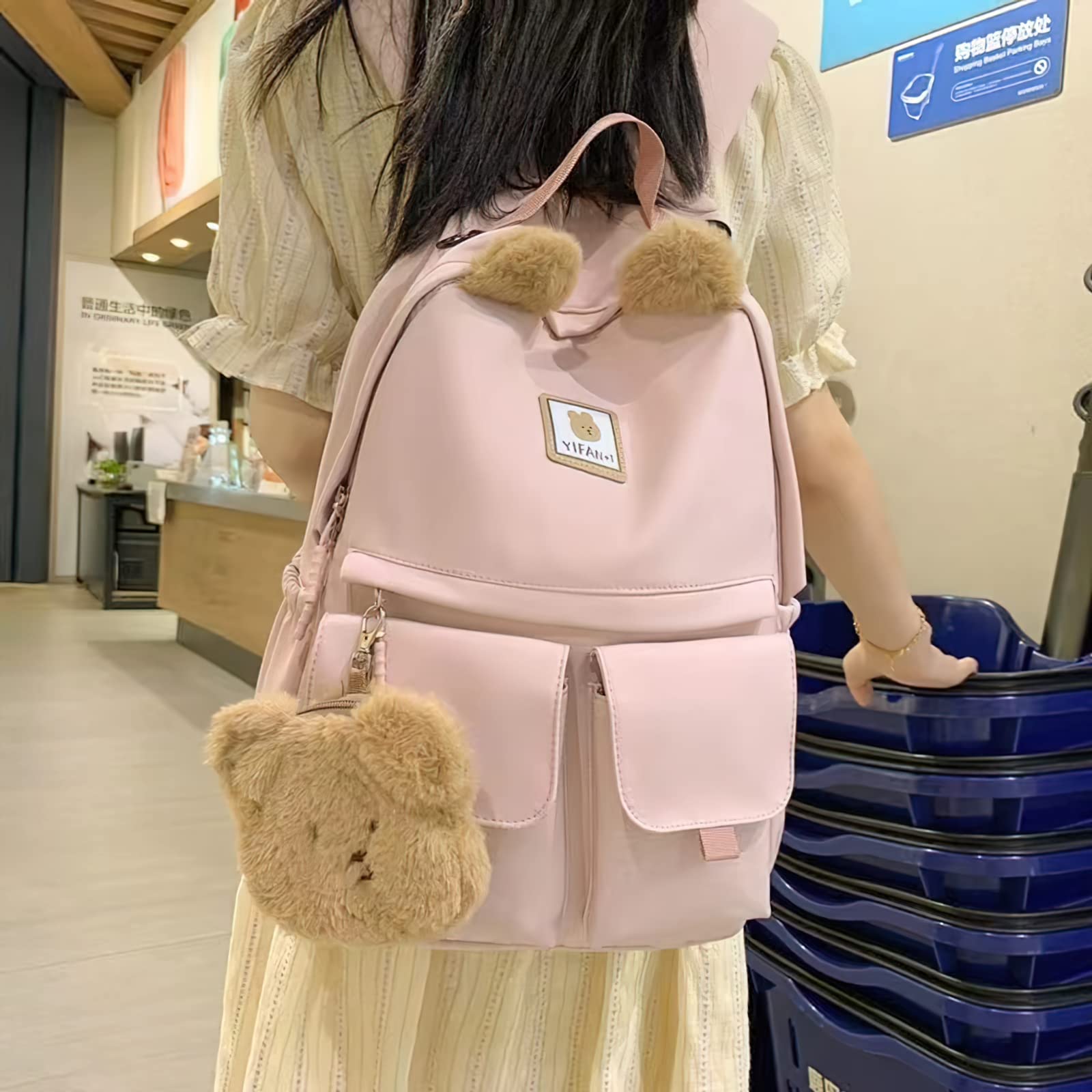 LaurelTree Kawaii Aesthetic Cute Backpack with Accessories 14 In Laptop Rucksack Travel Bag School Students Suppliers Girls (Pink)