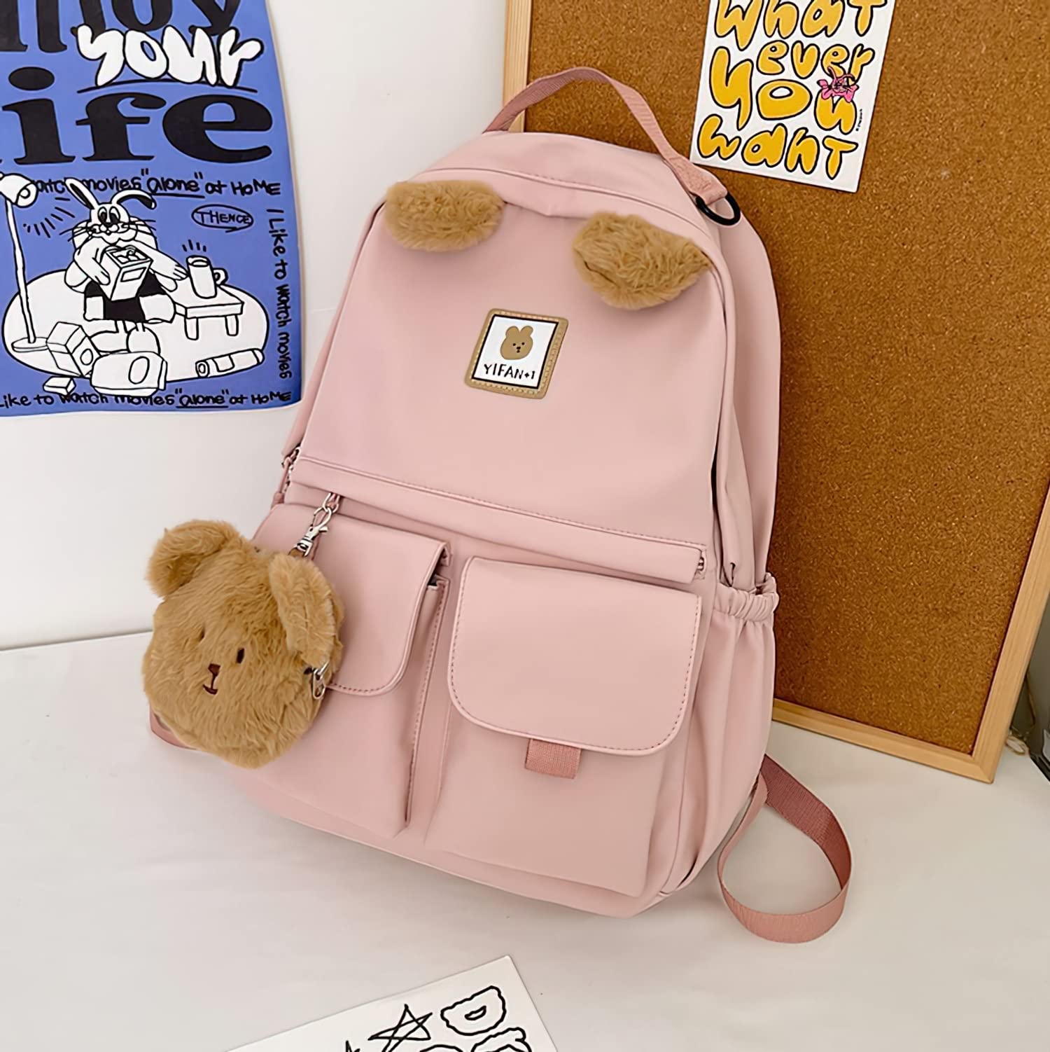 LaurelTree Kawaii Aesthetic Cute Backpack with Accessories 14 In Laptop Rucksack Travel Bag School Students Suppliers Girls (Pink)