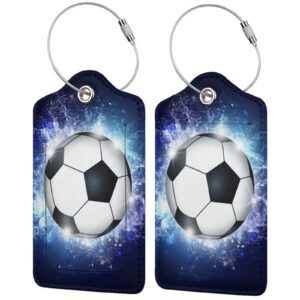 2 pcs kids adults soccer luggage tags for suitcases for sport boys men women girls, leather bag labels baggage tag for travel business with stainless steel loop & name id privacy cover