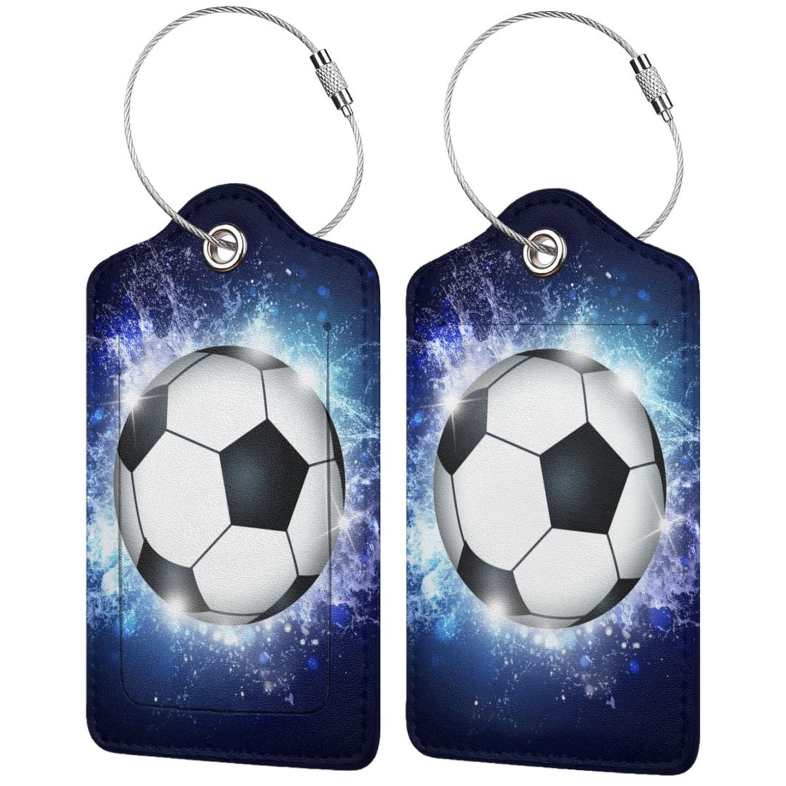 2 Pcs Kids Adults Soccer Luggage Tags for Suitcases for Sport Boys Men Women Girls, Leather Bag Labels Baggage Tag for Travel Business with Stainless Steel Loop & Name ID Privacy Cover