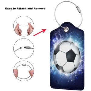 2 Pcs Kids Adults Soccer Luggage Tags for Suitcases for Sport Boys Men Women Girls, Leather Bag Labels Baggage Tag for Travel Business with Stainless Steel Loop & Name ID Privacy Cover