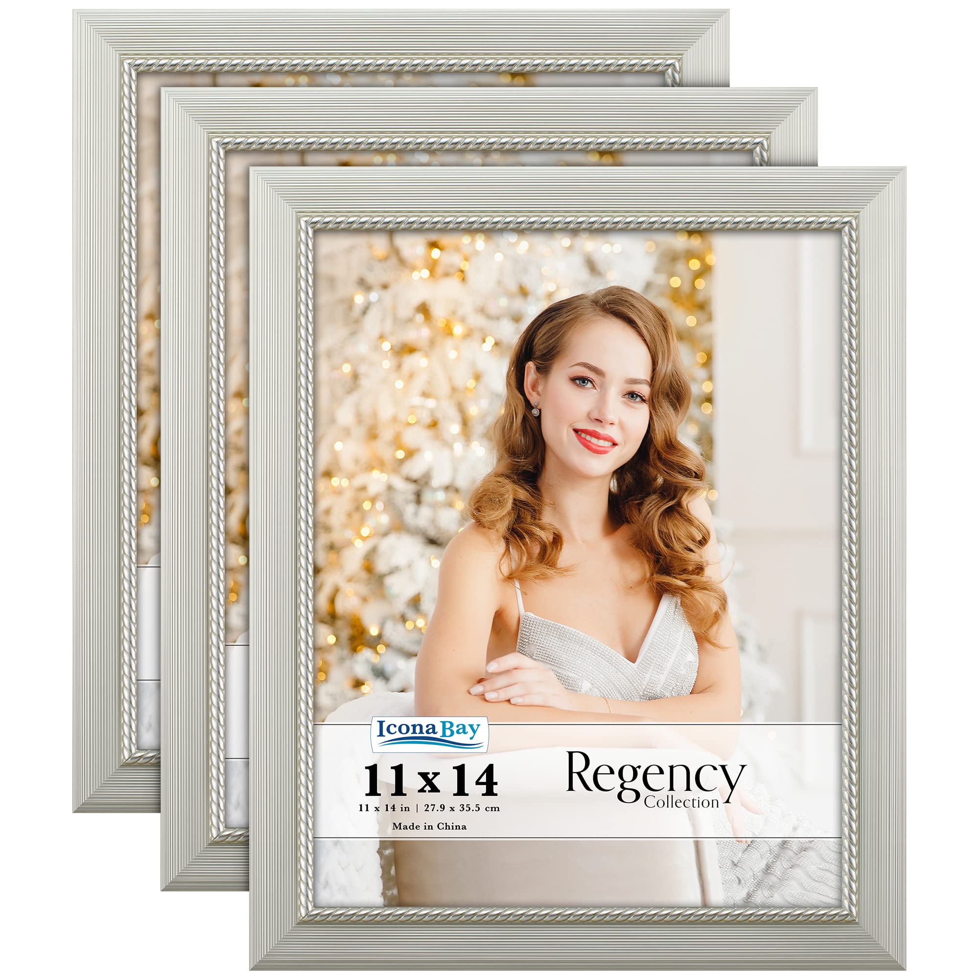 Icona Bay 11x14 Picture Frames (Silver, 3 Pack), French Baroque Style Photo Frames 11 x 14, Wall Mount or Table Top, Regency Collection