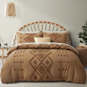 oli anderson tufted duvet cover, soft and lightweight duvet covers set for all seasons, 3 pieces boho embroidery shabby chic bedding set (pumpkin brown, queen, 90"×90")