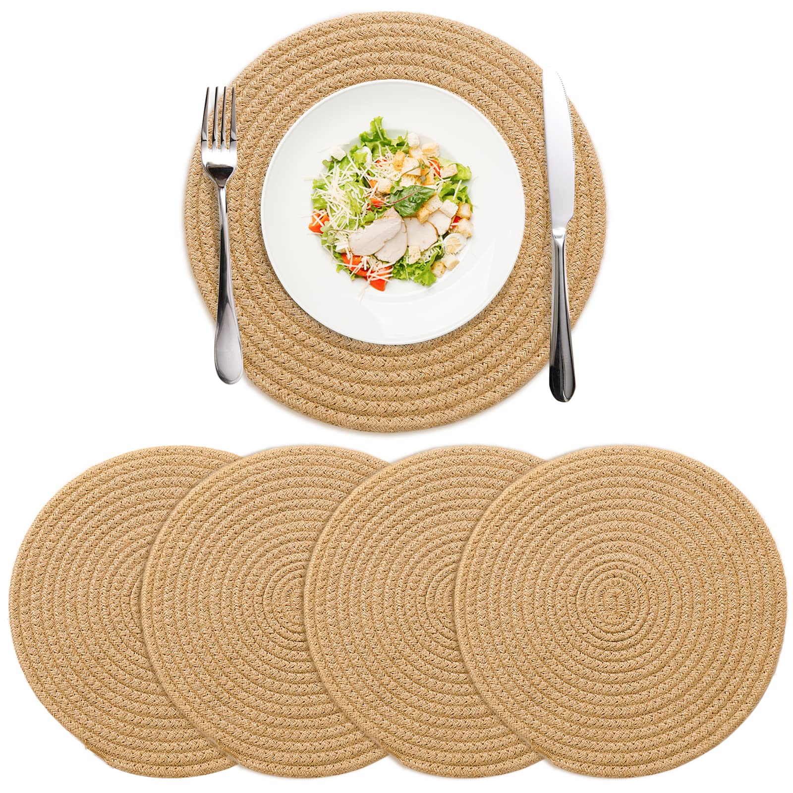 Amidaky Round Cotton Placemats Set of 4 Woven Place Mats 12 inch Washable Table Mats for Round Dining Table Jute