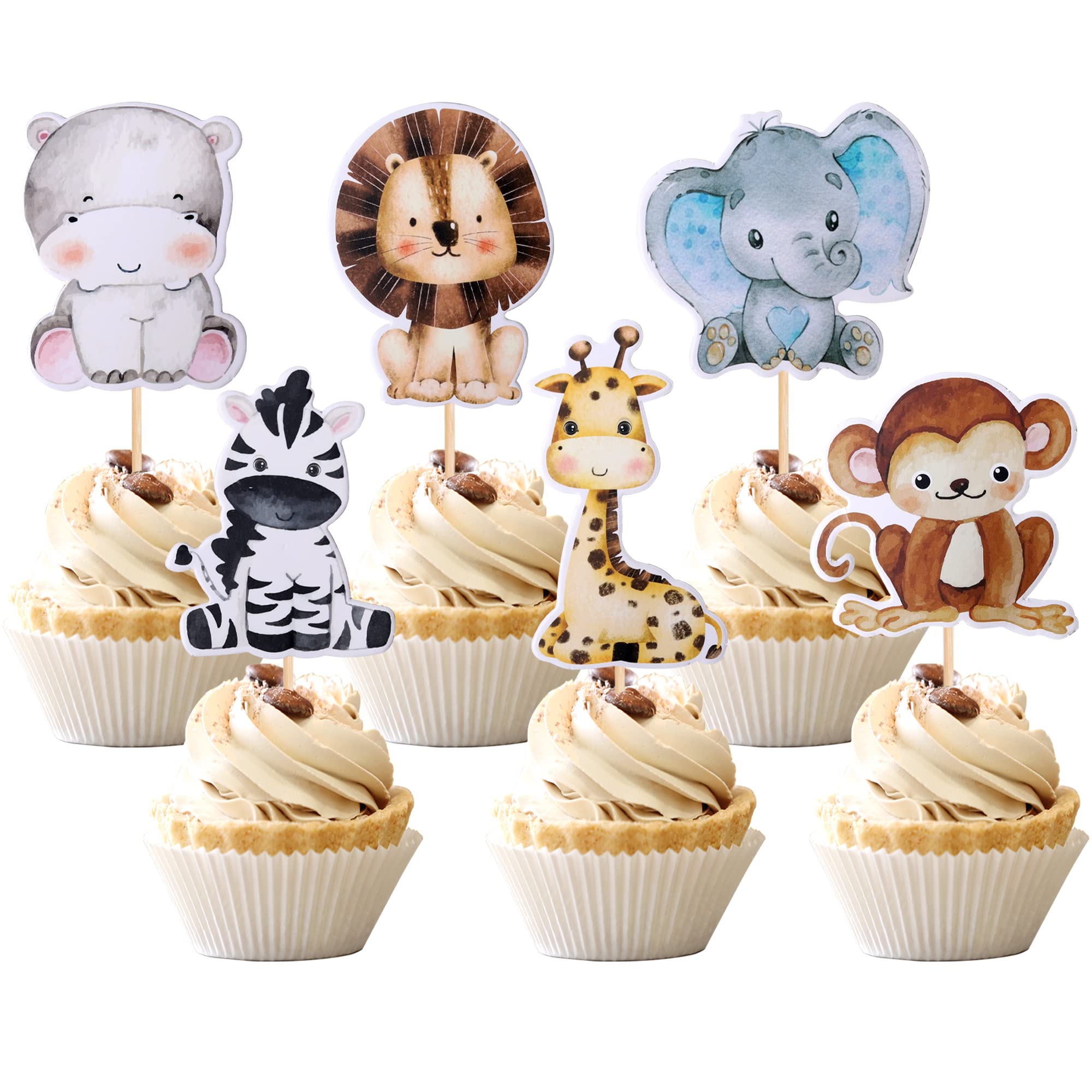 36 PCS Jungle Animals Cupcake Toppers Lion Monkey Zebra Hippo Giraffe Elephant Forest Theme Cupcake Picks for Safari Animals Theme Baby Shower Kids Birthday Party Cake Decorations Supplies