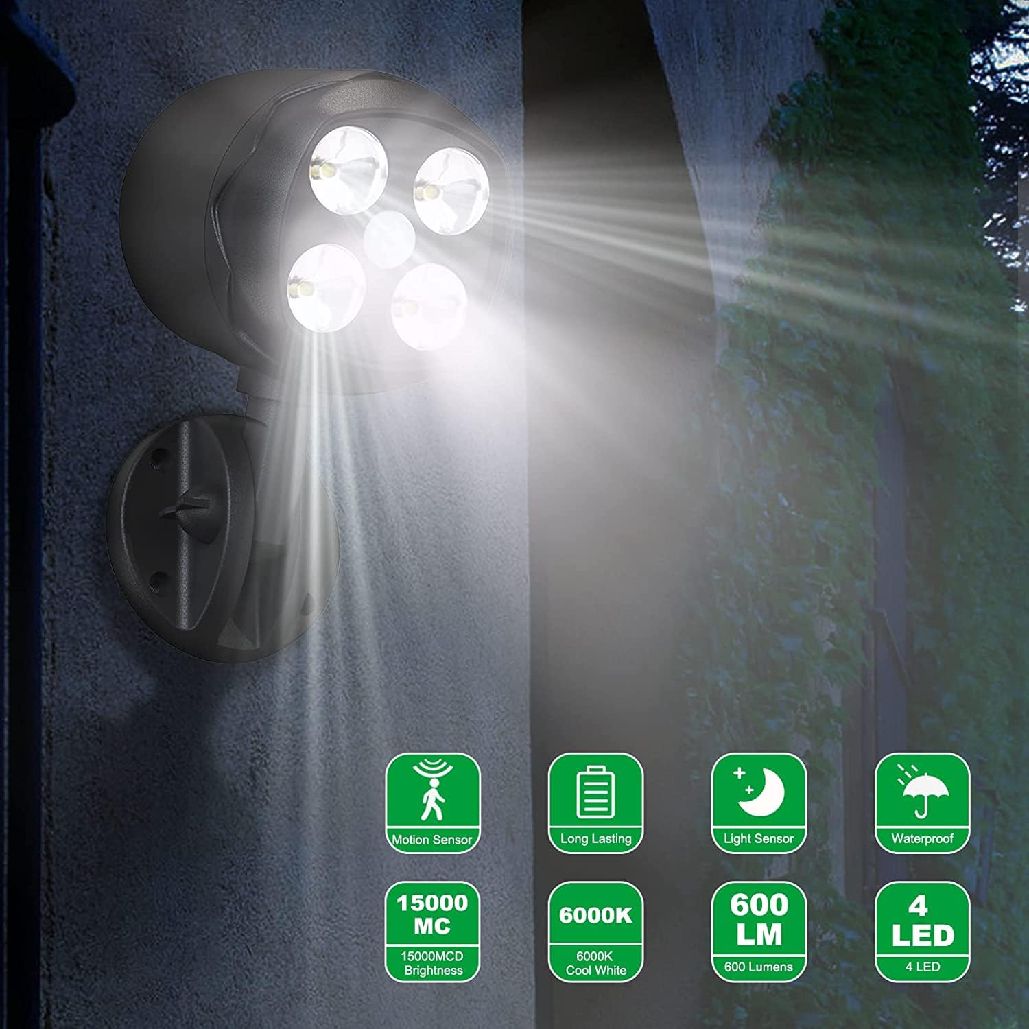 Yoyutrre Motion Sensor Outdoor Lights,Outdoor Battery Operated Lights,12W 600 Lumen Motion Detector Lights for Outside,6000K LED Security Lights Motion Outdoor Spotlight for House Wall,Yard and Stairs