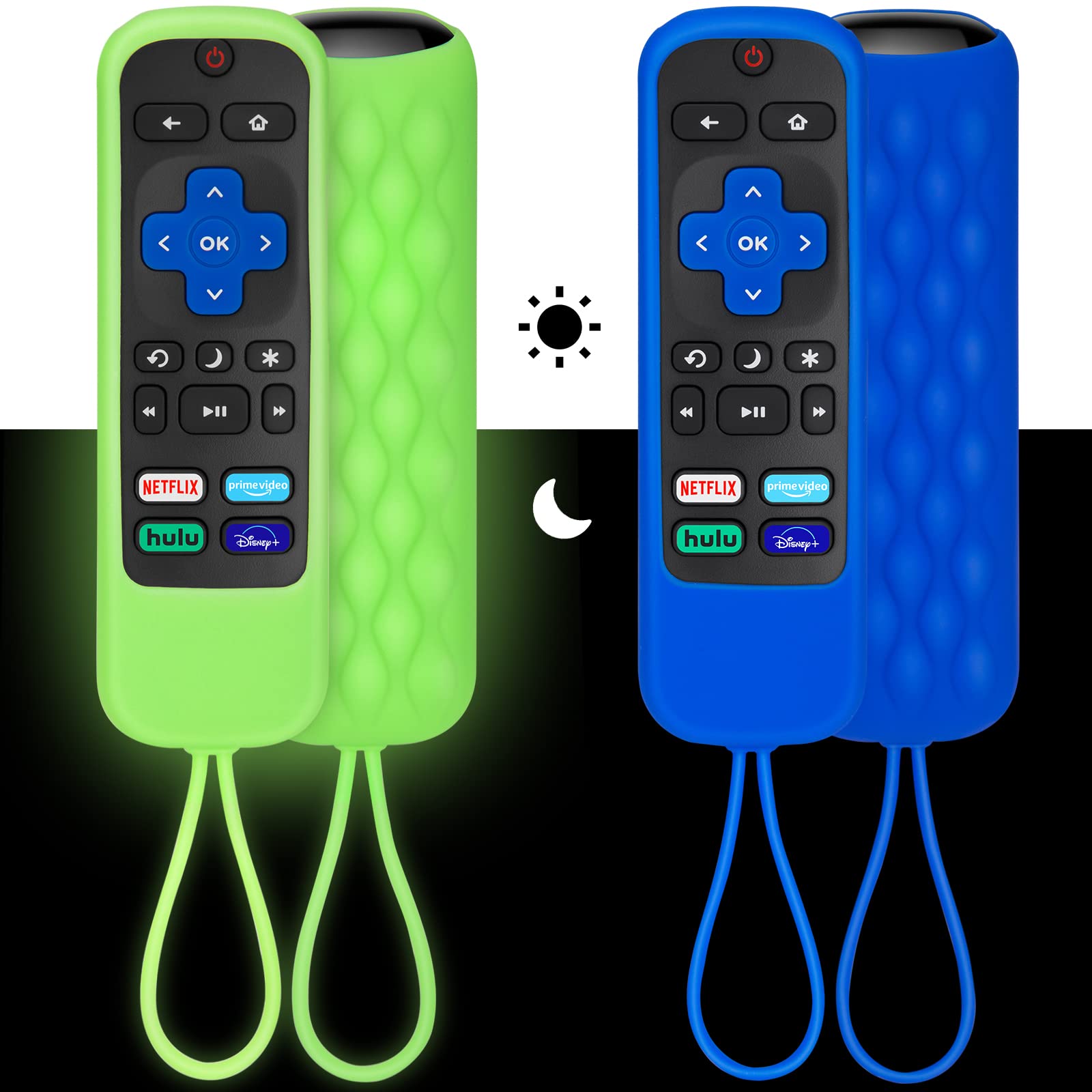 [2 Pack] Silicone Protective Case Compatible with Roku TV Remote, TCL Roku,Hisense Roku, Remote Cover Also for Roku Express+ and Roku Streaming Stick Remotes (Luminous Green + Blue)