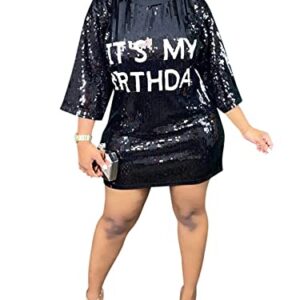 KIRJAUDU Women Sequin Glitter Letter Print 3/4 Sleeve Round Neck Party Club Mini T Shirt Dress Black M