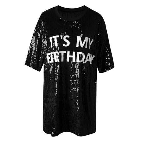 KIRJAUDU Women Sequin Glitter Letter Print 3/4 Sleeve Round Neck Party Club Mini T Shirt Dress Black M