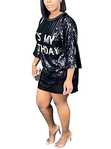 KIRJAUDU Women Sequin Glitter Letter Print 3/4 Sleeve Round Neck Party Club Mini T Shirt Dress Black M