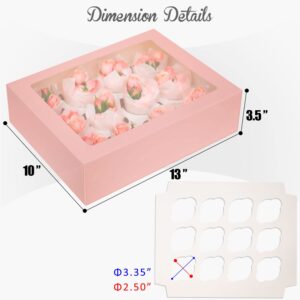 12 Cupcake Containers 10-Packs Pink Cupcake Box Cupcakes Carrier, 12 Cupcake Boxes with Window 13"x10"x3.5"（Auto-pop up）