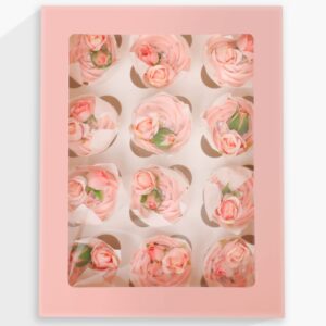 12 Cupcake Containers 10-Packs Pink Cupcake Box Cupcakes Carrier, 12 Cupcake Boxes with Window 13"x10"x3.5"（Auto-pop up）