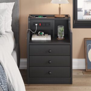 adorneve nightstand with charging station,black night stand for bedroom,end table with hutch & storage drawers