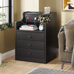 ADORNEVE Nightstand with Charging Station,Black Night Stand for Bedroom,End Table with Hutch & Storage Drawers