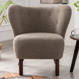 violadresses modern accent chair lambskin sherpa wingback tufted side chair with solid wood legs for living room bedroom，light brown