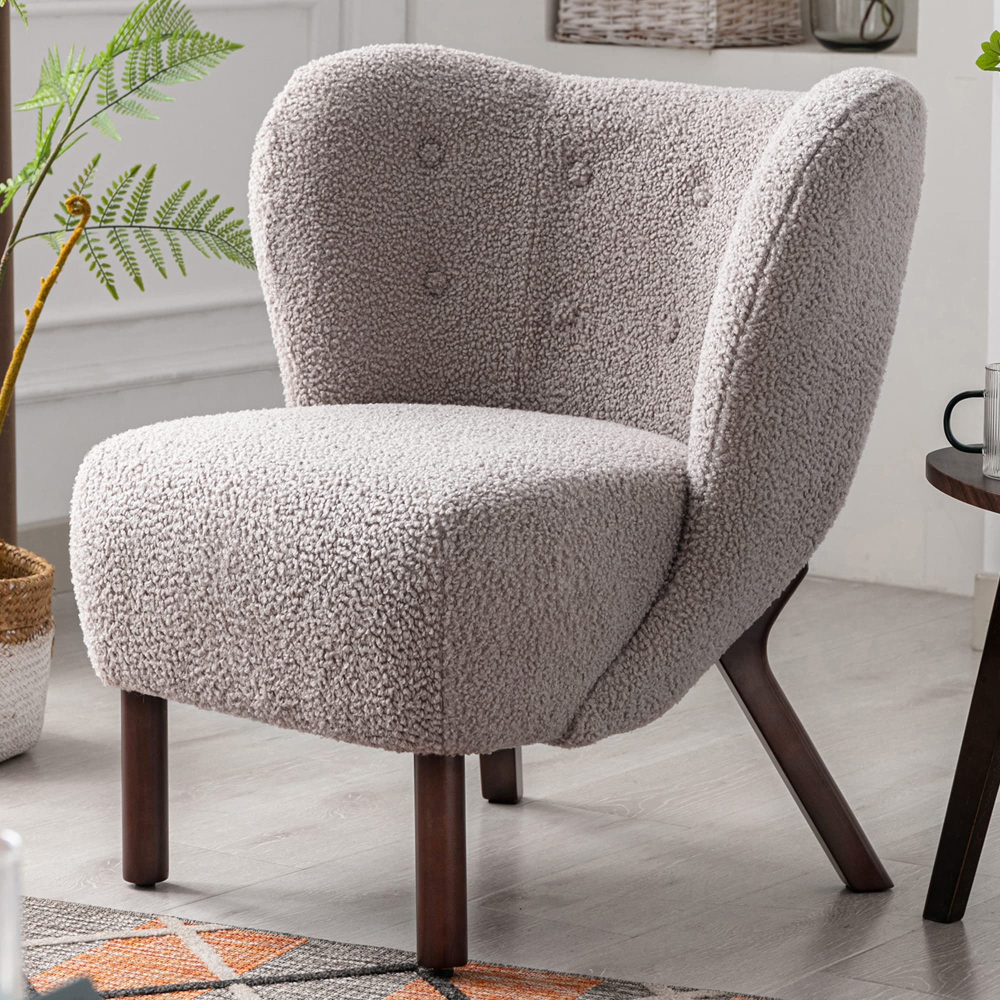 ViolaDresses Modern Accent Chair Lambskin Sherpa Wingback Tufted Side Chair with Solid Wood Legs for Living Room Bedroom，Warm Grey