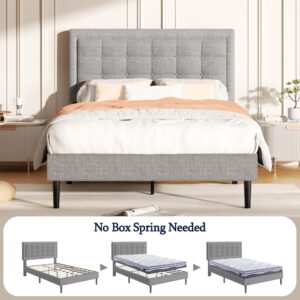 UNIZONE Full Size Bed Frame, Upholstered Platform Bed with Button Tufted Headboard, Wood Slats Support, Mattress Foundation, No Box Spring Needed, Easy Assembly, Light Grey