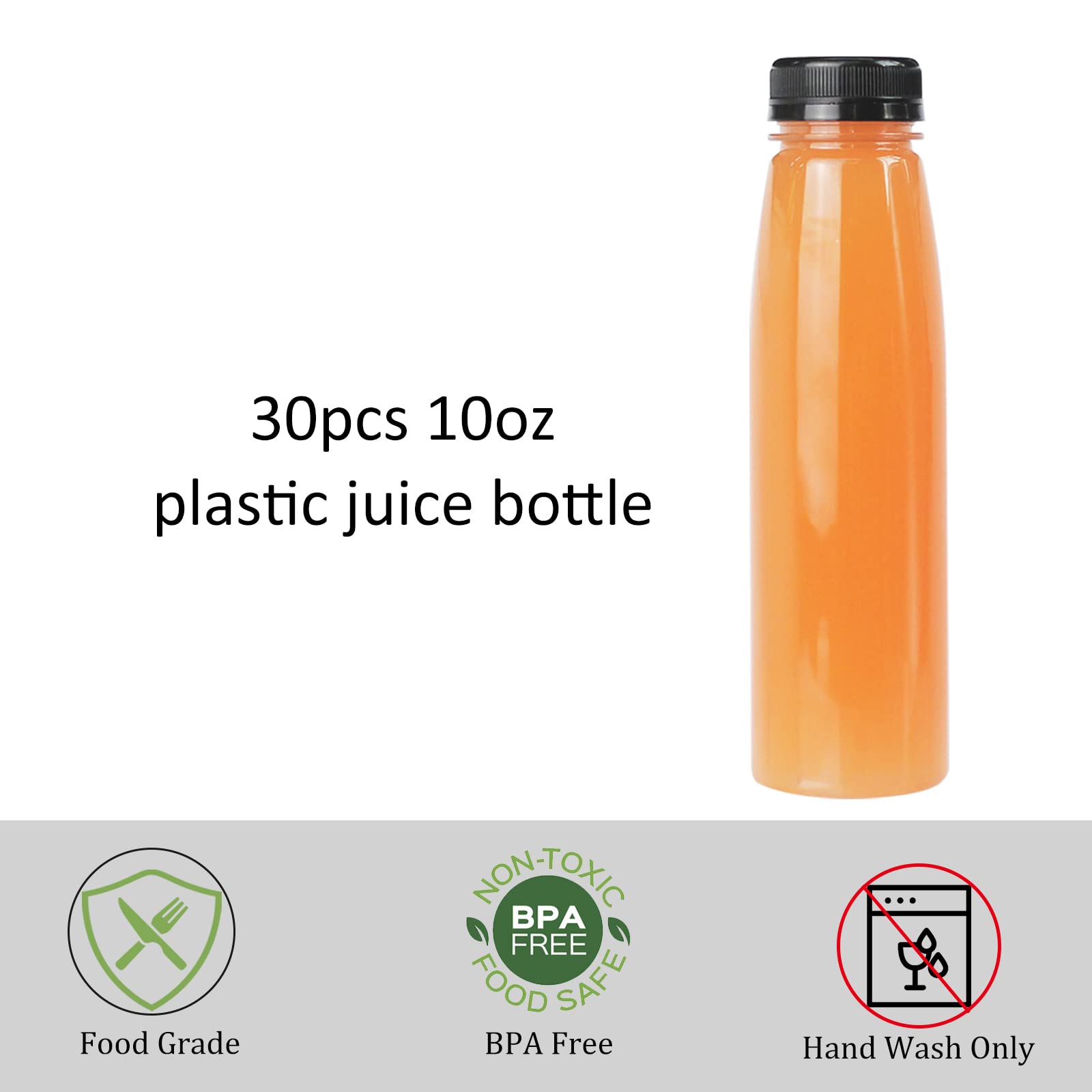 BPFY 30 Pack 10oz Empty Plastic Juice Bottles with Caps Reusable Clear Beverage Containers with Black Tamper Evident Lids, Funnel, Plastic Smoothie Bottles for Juice, Milk, Water, Coffee