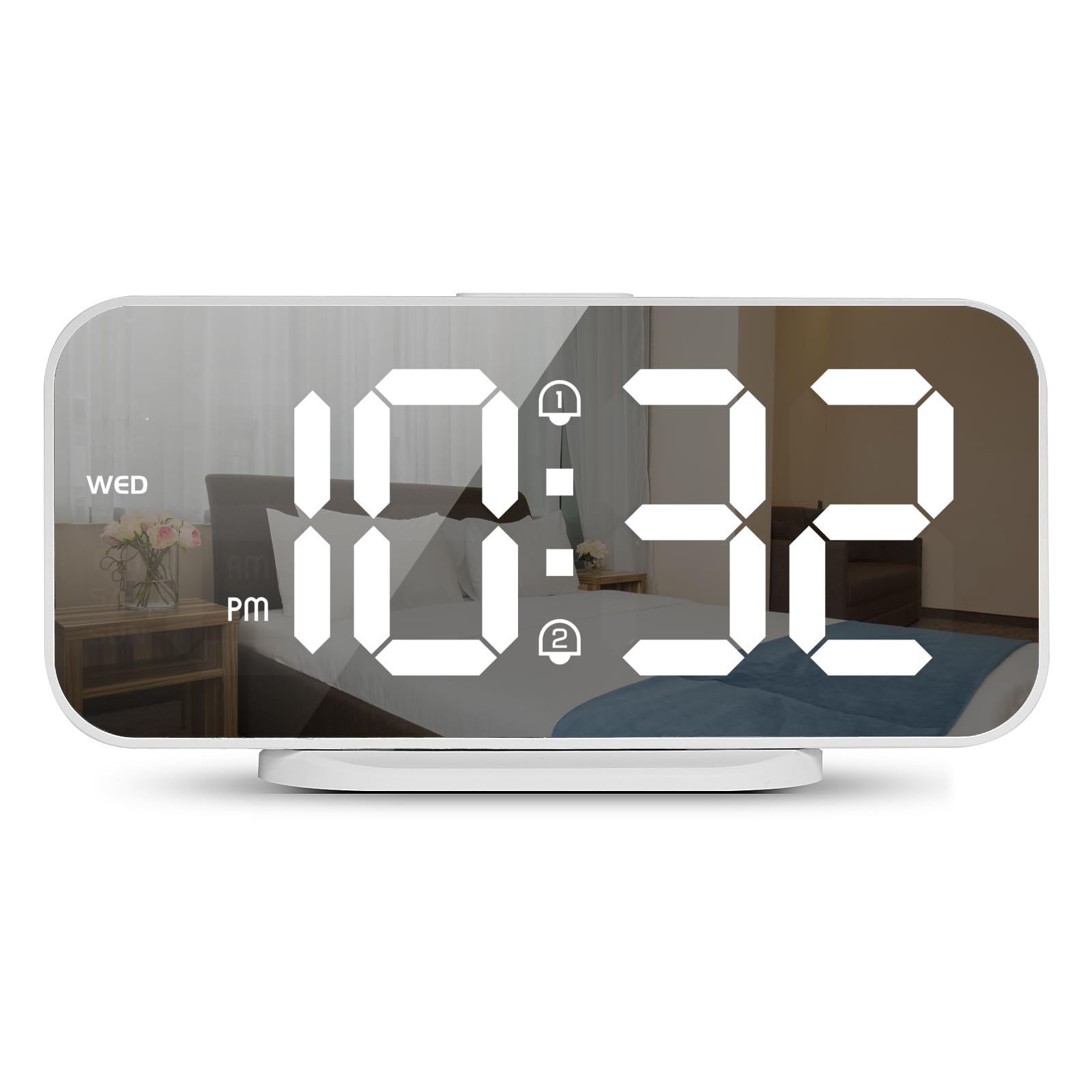 ALANAS Digital Alarm Clock with Dual Alarms, Mirror LED Bedroom Alarm Clocks for Kids, Adjustable Brightness, Snooze, 2 USB Ports for Cellphone Charging, 12/24 Hour Display., White