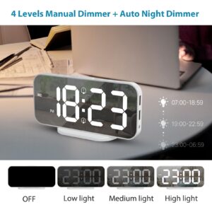 ALANAS Digital Alarm Clock with Dual Alarms, Mirror LED Bedroom Alarm Clocks for Kids, Adjustable Brightness, Snooze, 2 USB Ports for Cellphone Charging, 12/24 Hour Display., White